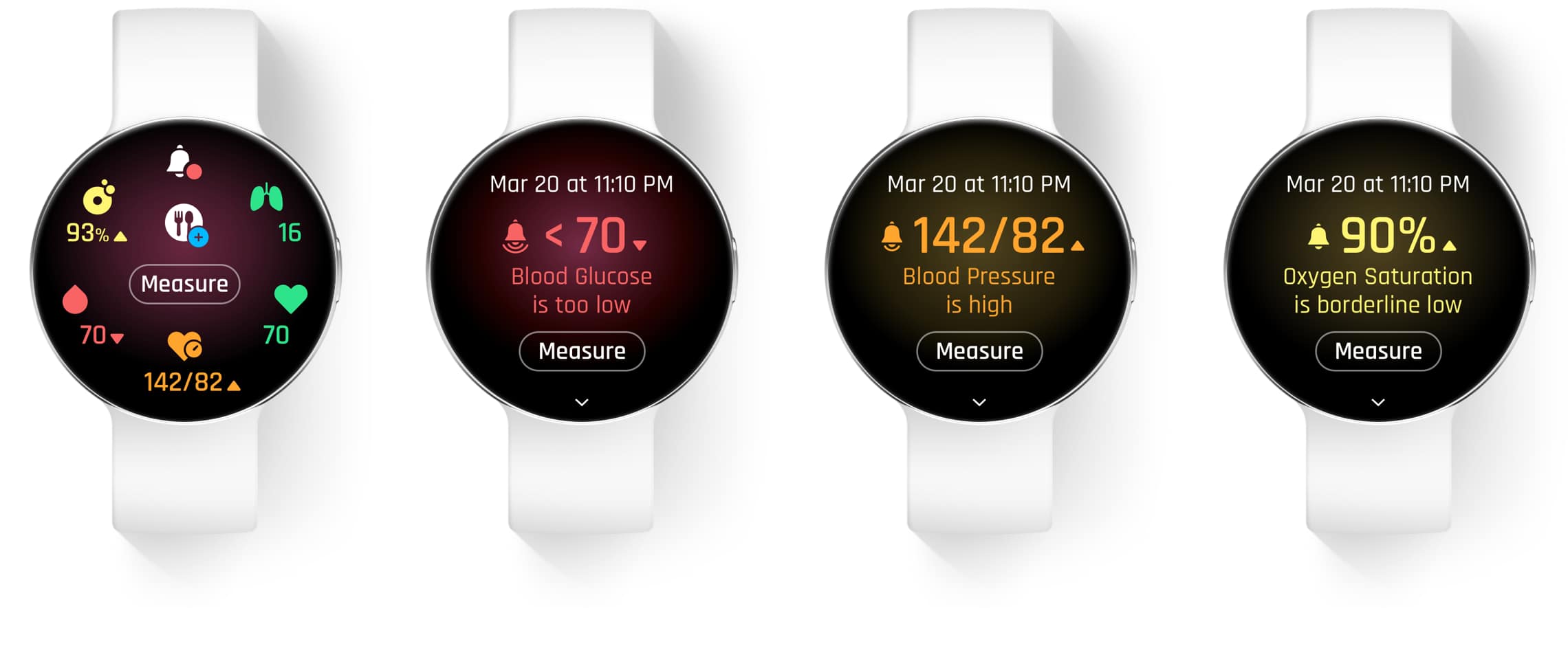 Series of screen designs showing user flow for measuring vital signs (blood glucose, blood pressure, and oxygen saturation)