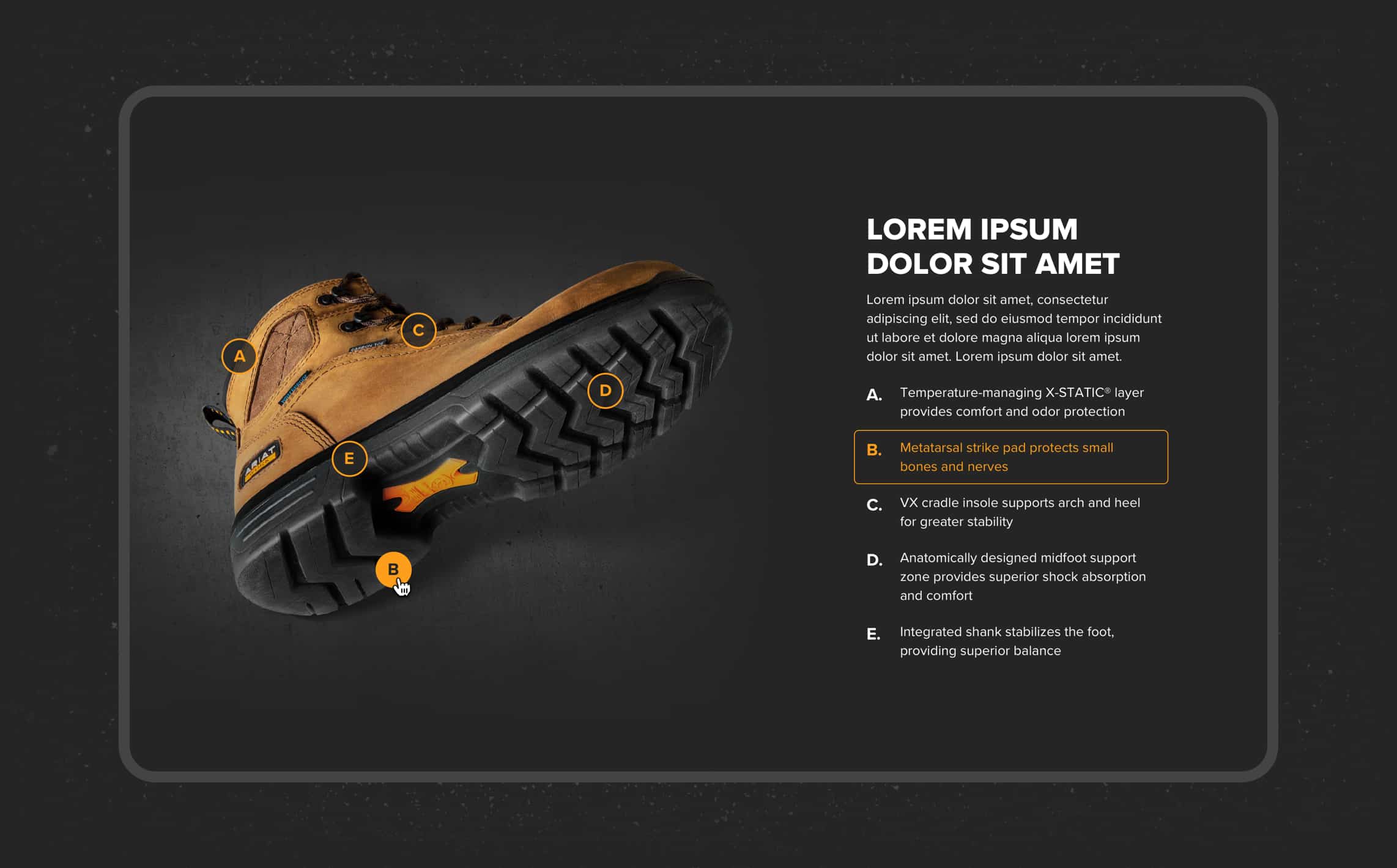 Screenshot showing interactive panel on Ariat website used to explain the technology behind their boots.
