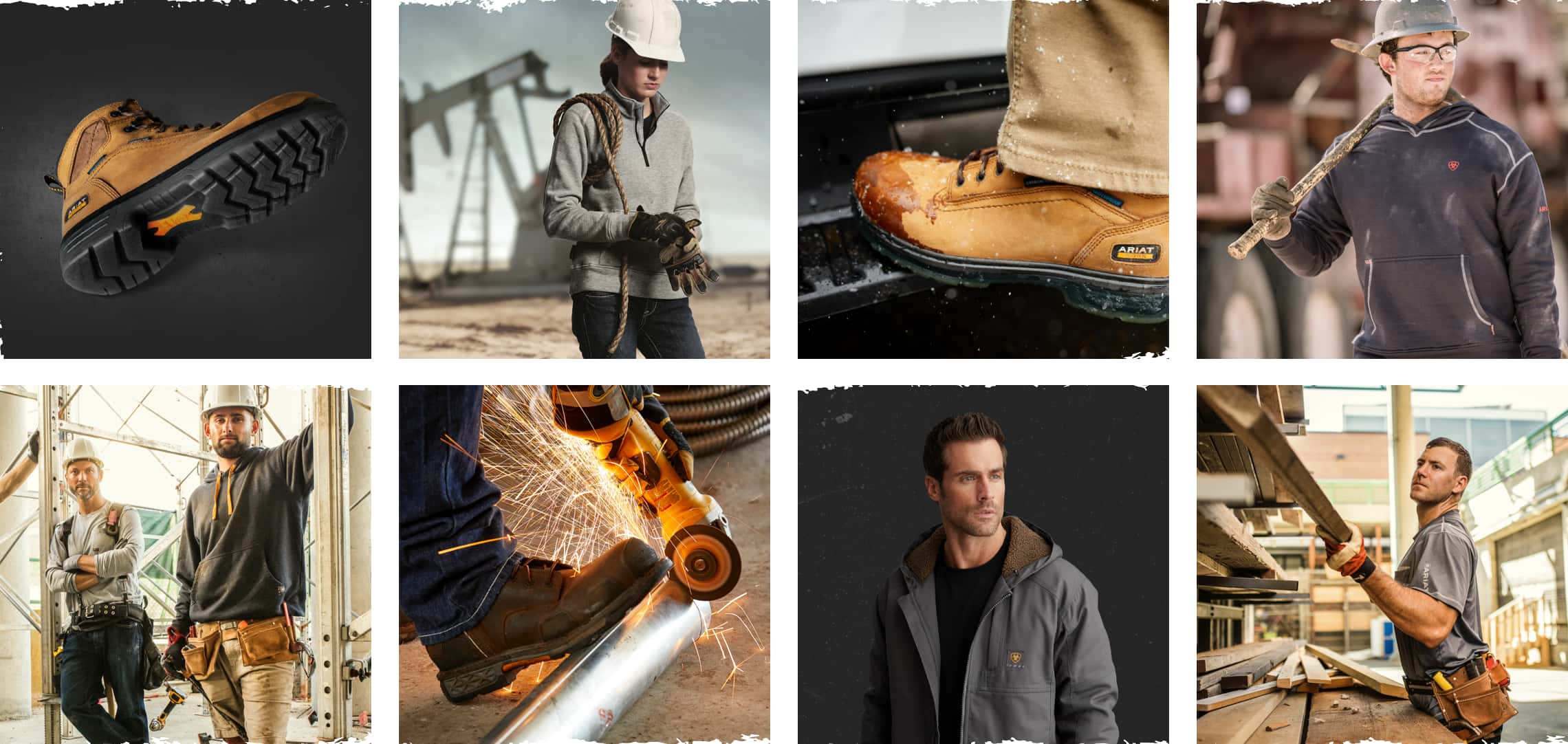 Grid showing ariat brand photography - various photographs of Ariat workwear in-use
