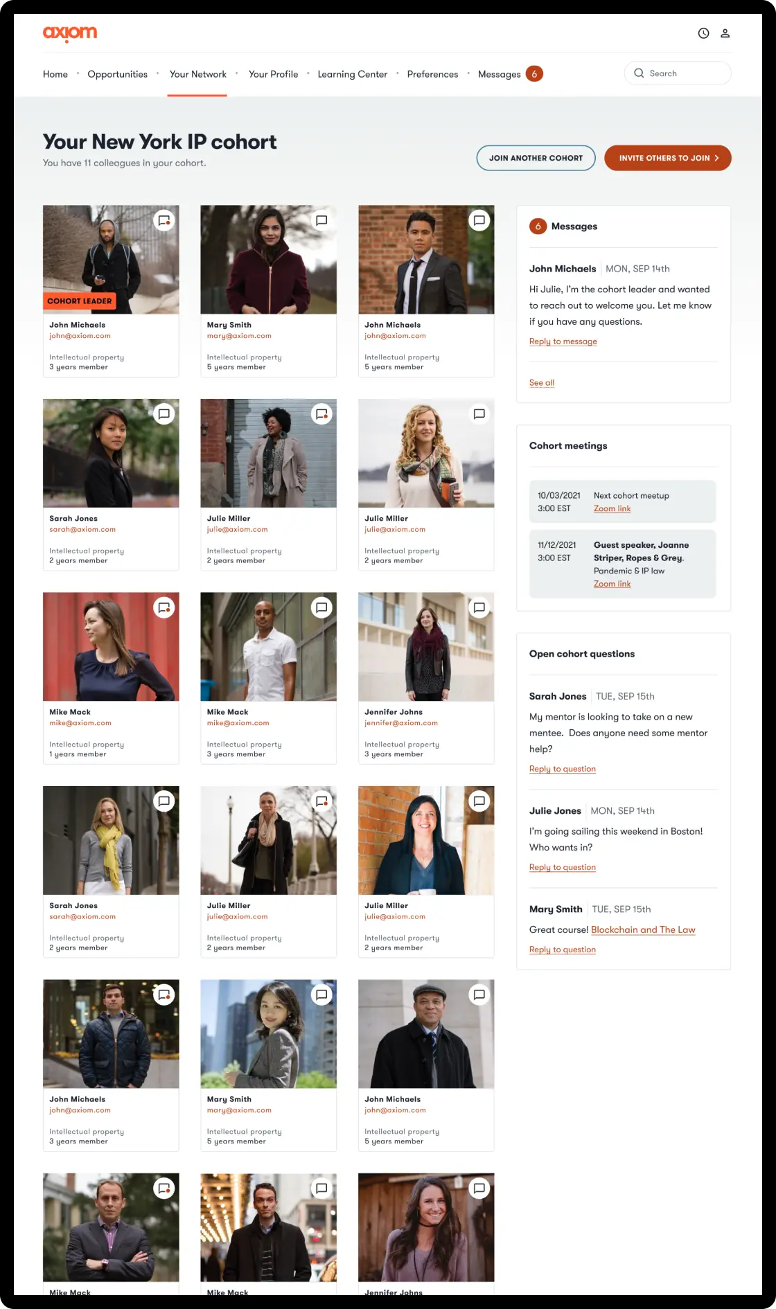 Axiom's cohort feature provides a social element to the platform, including events, messages, and questions.