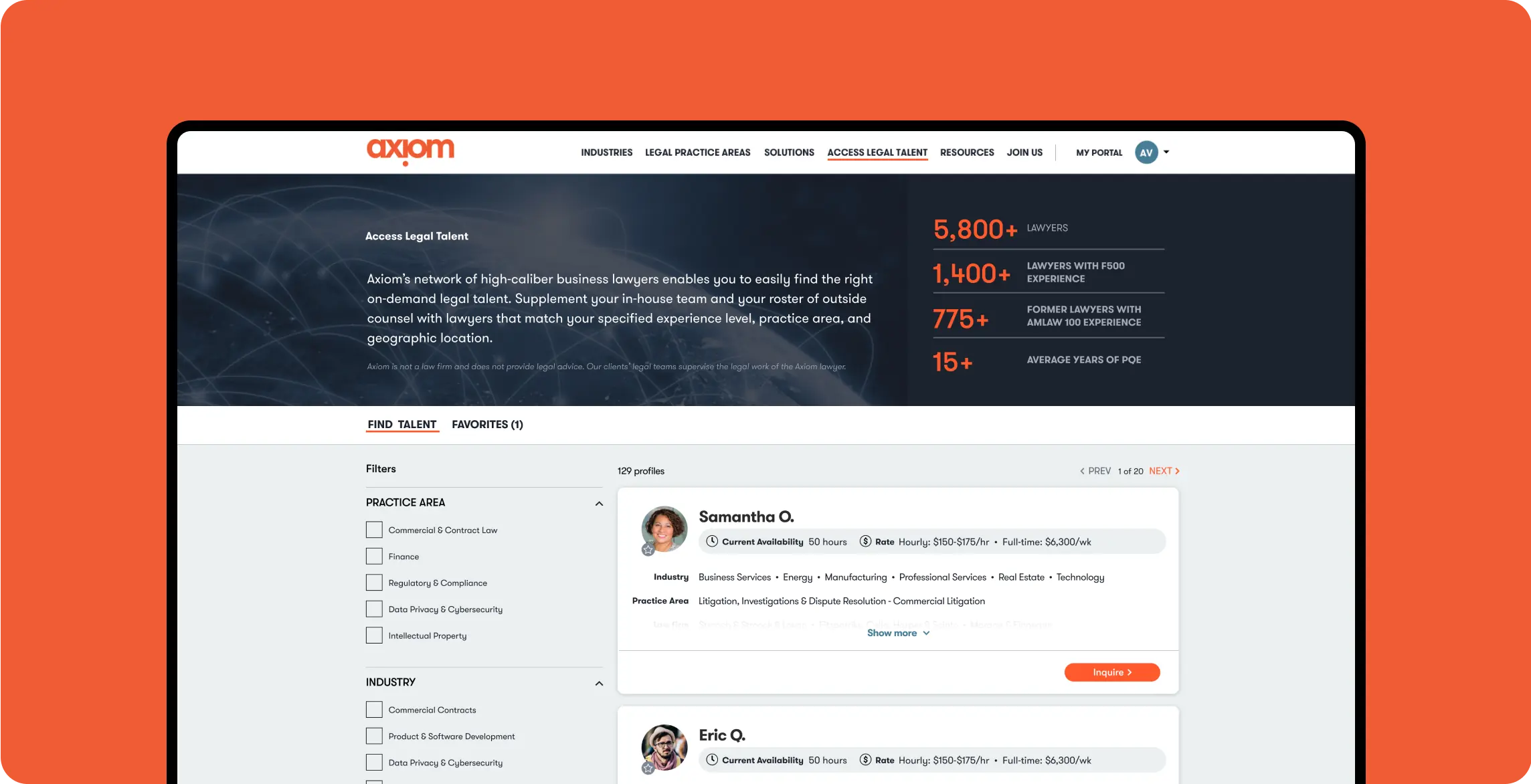 The 'find talent' section of the Axiom site, which makes finding and reaching legal talent easy and seamless.