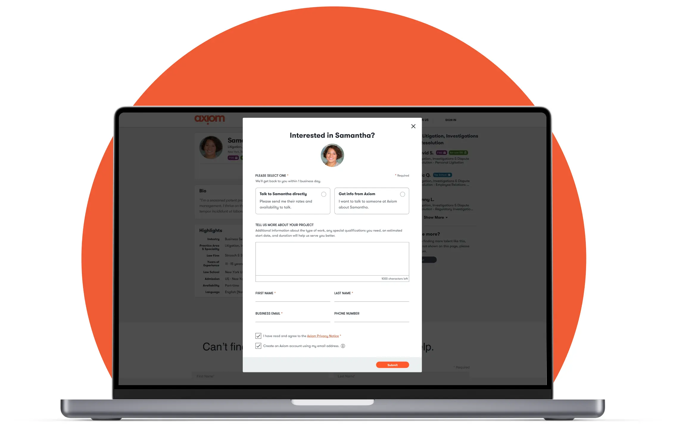 The 'interested in...' feature of the Axiom site allows for easy inquiry and expression of interest to an Axiom lawyer, allowing for easy project inquiry with just a few clicks.