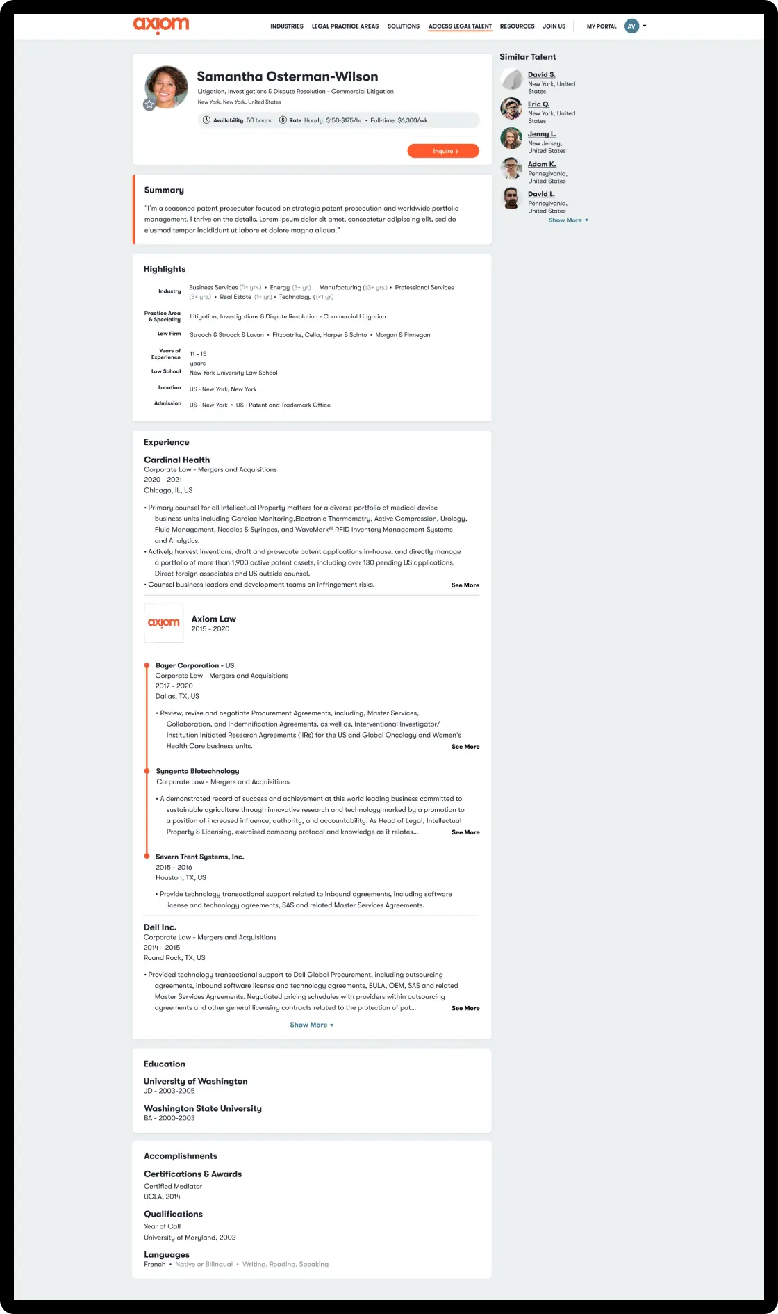 Axiom's profile view shows detailed information about a lawyer's history, experience, and specialties.