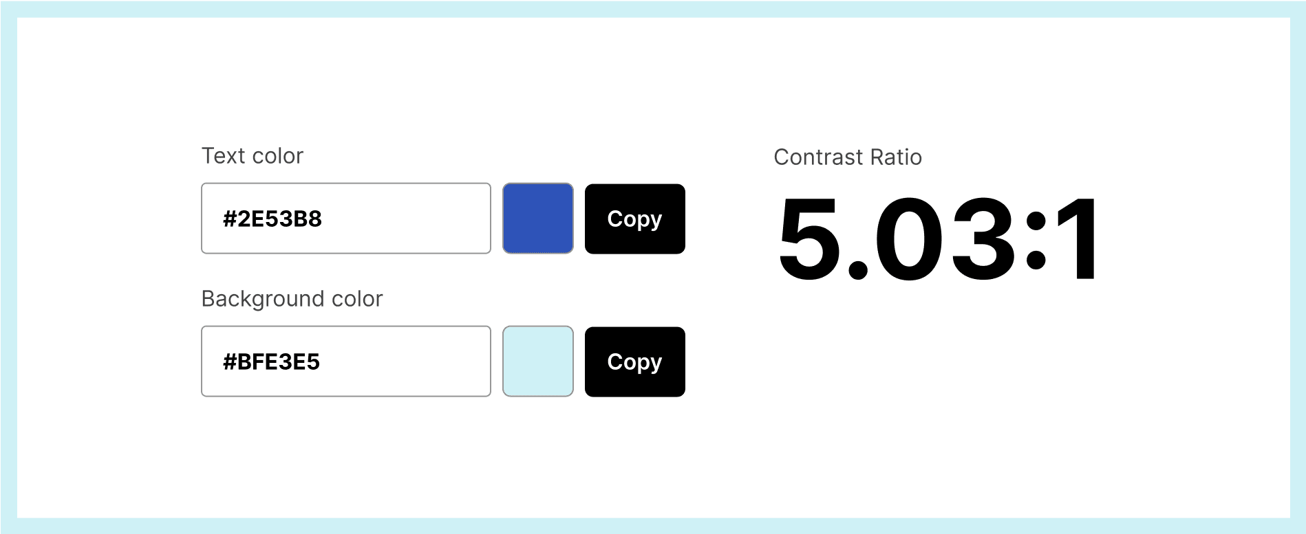 Visualization of a color contrast checker, showing a contrast ratio of 5:1 for two shades of blue
