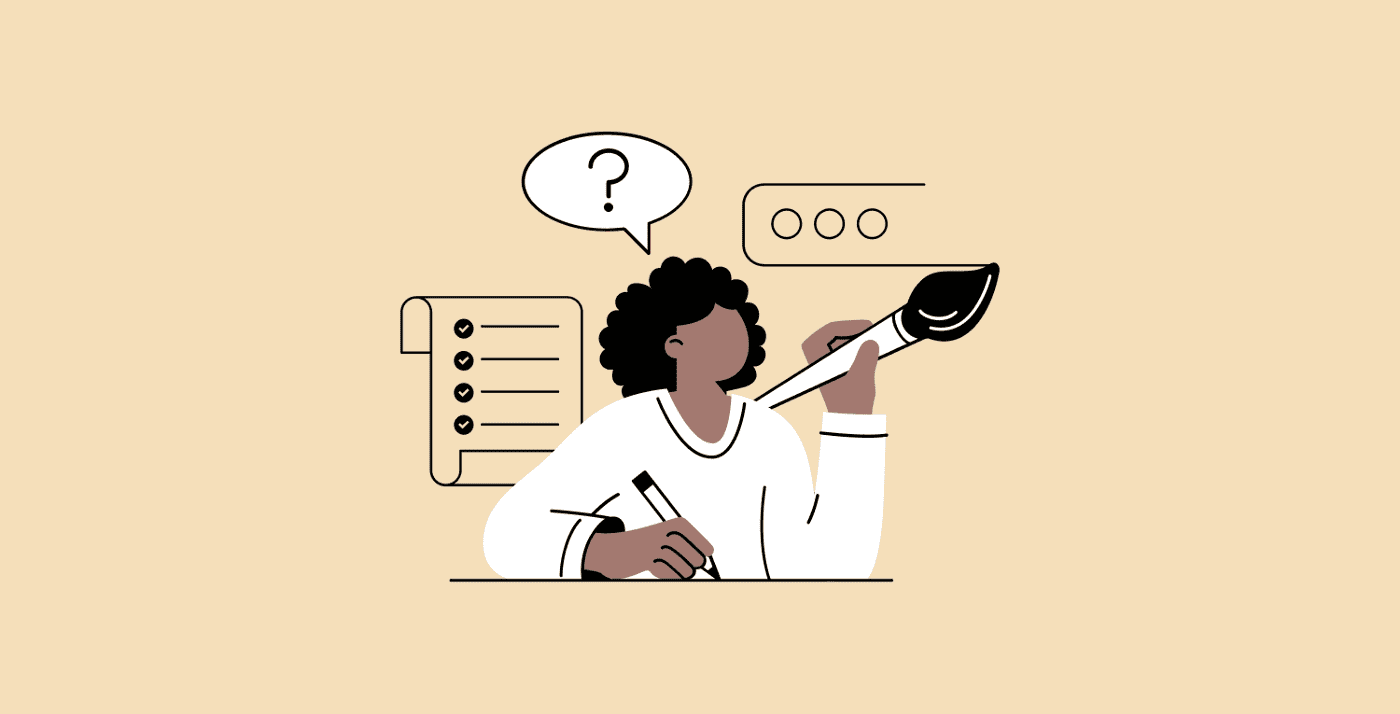 Illustration showing a designer with speech bubble over their head and user interface iconography in the background. The speech bubble contains a question mark.