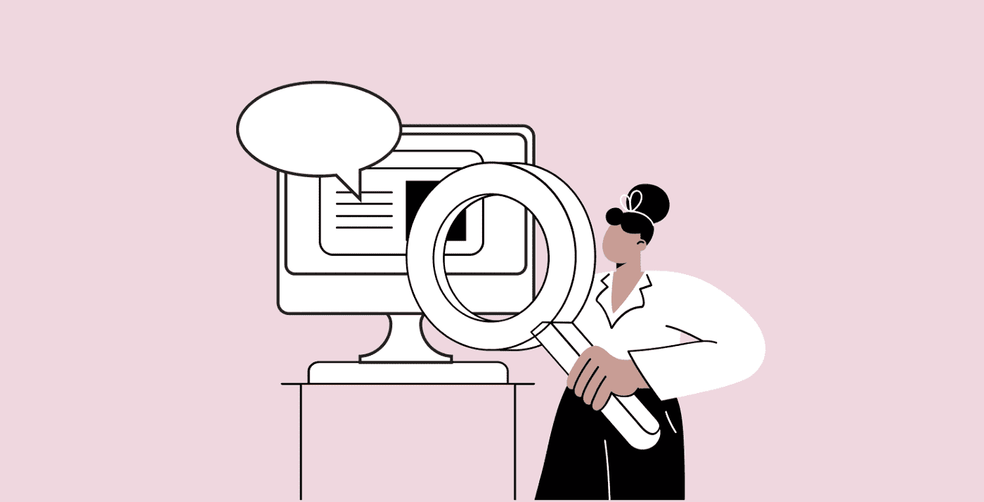 Illustration of a person holding up a large magnifying glass to a computer screen. The screen has a speech bubble, to indicate that it is reading text out loud.