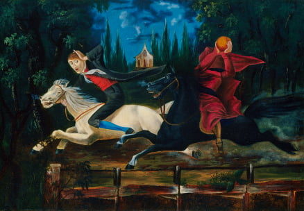 A terrified Ichabod Crane on a horse being chased by the headless horseman, who is getting ready to throw his pumpkin head at Ichabod. With his schoolhouse in the background.