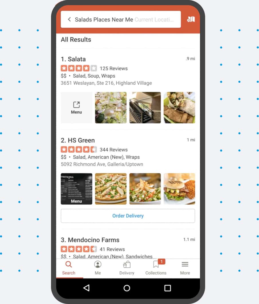 Mobile screen showing the same search performed directly in Yelp.