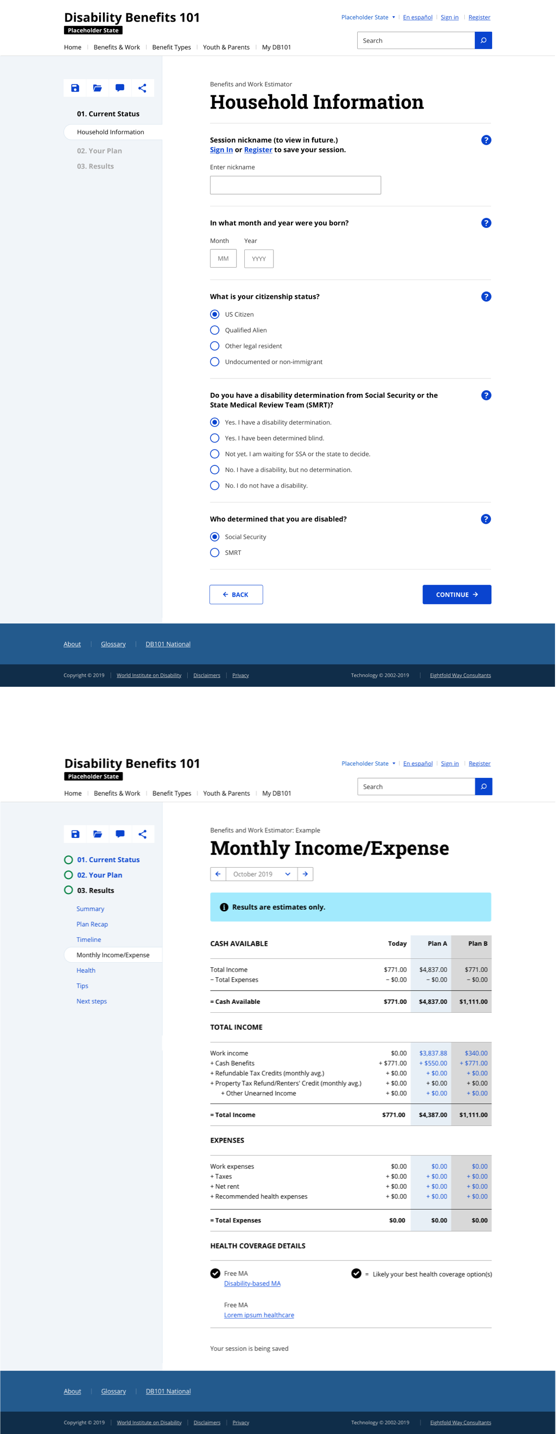 Two screenshots of DB101 Benefits and Work Estimator, showing clean data structure.