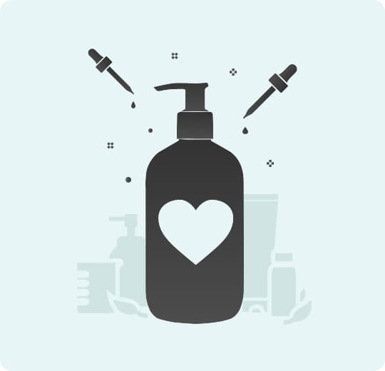 EO brand illustration showing product silhoutte and eyedroppers, representing the many uses of EO products