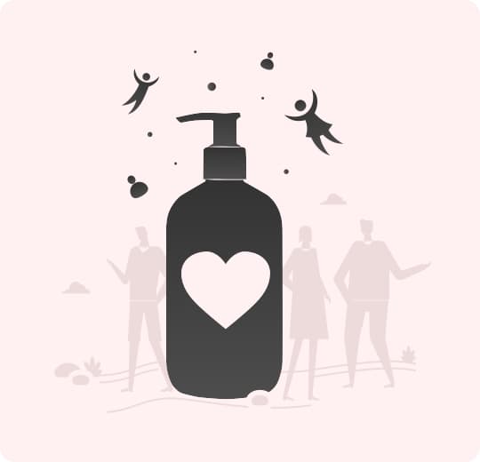 EO brand illustration showing product silhoutte and silhouttes of people, representing the joy and warmth that is key to EO's brand