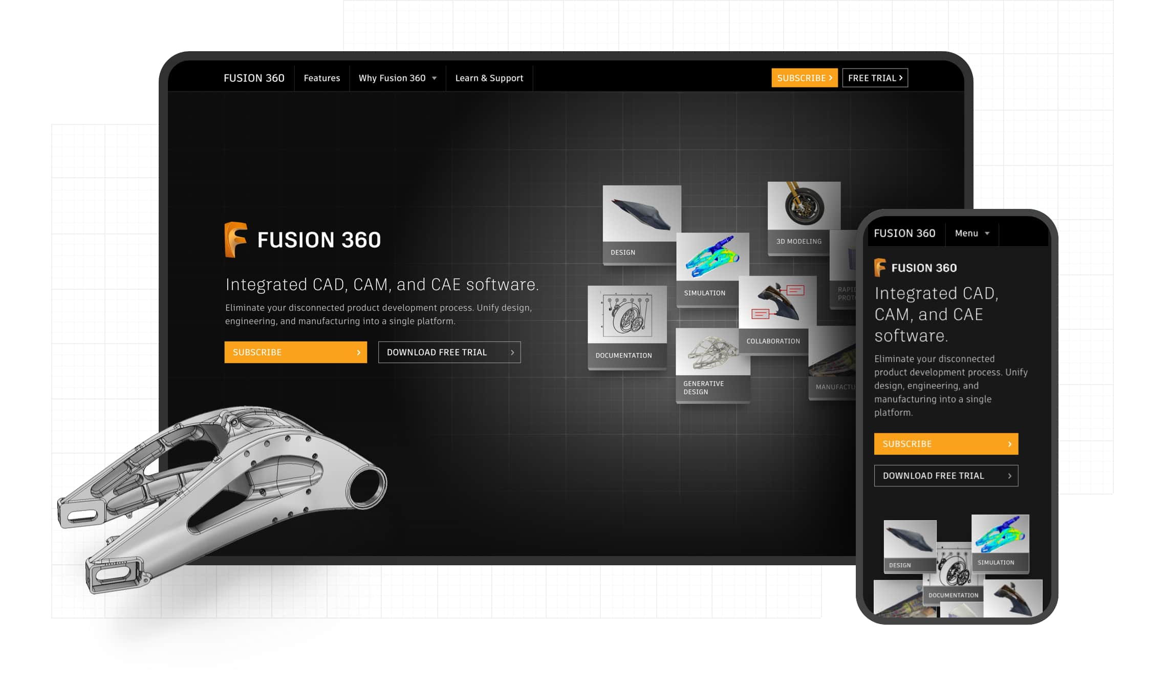 Composite image showing desktop and mobile views of the Fusion360 home page