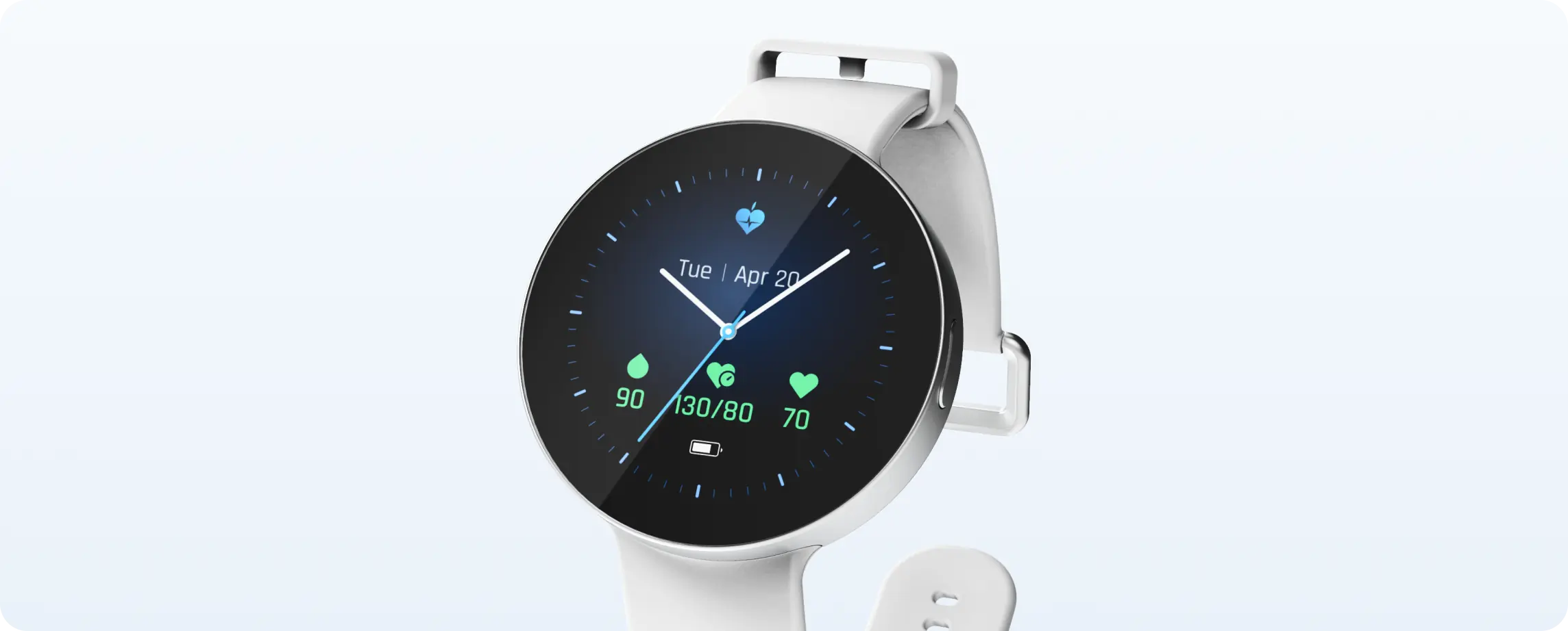 Rendering of LifePlus glucose-monitoring smart-watch, showing watch face