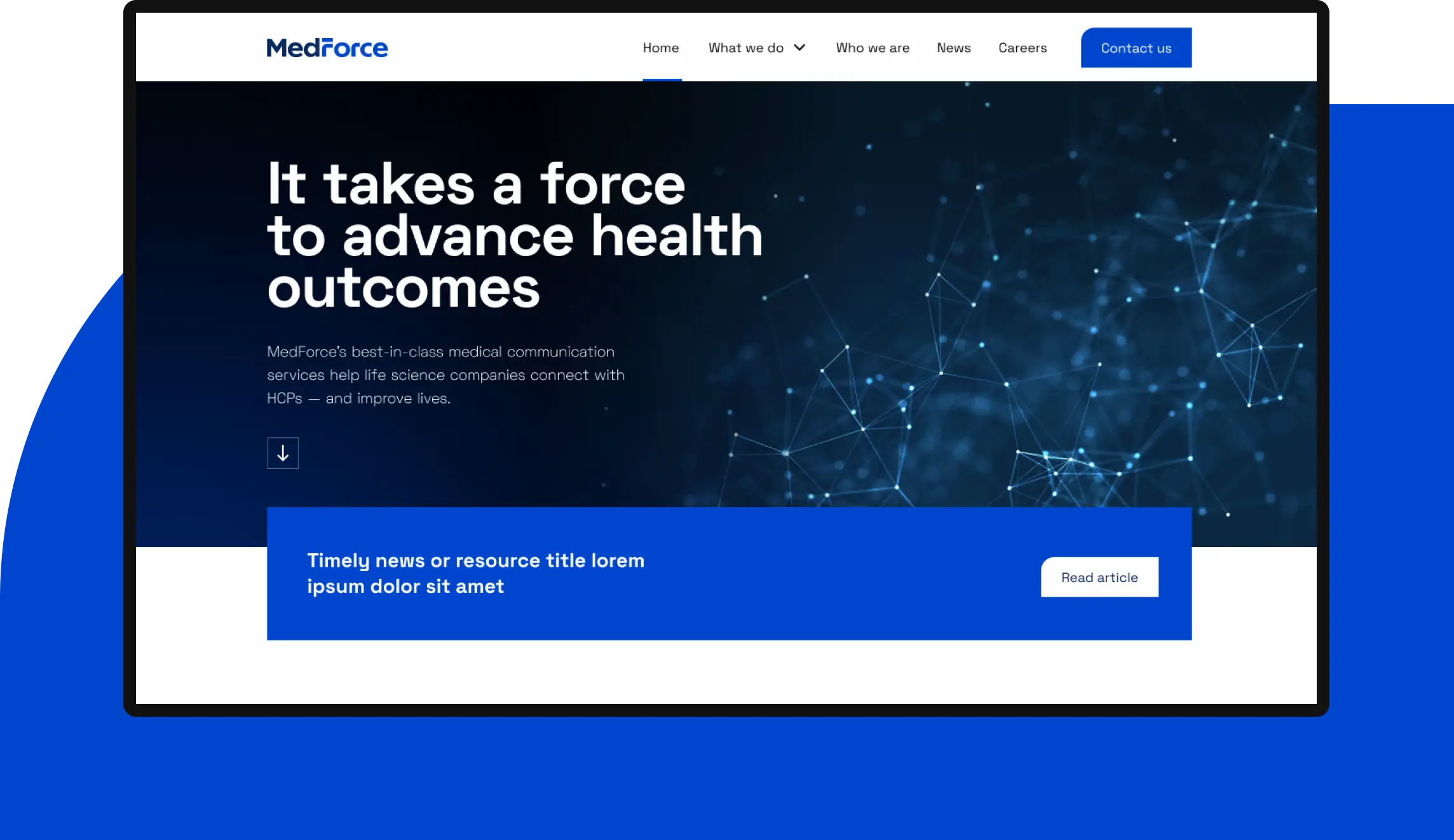 The Medforce home page, showing a dynamic animated hero graphic and marketing copy