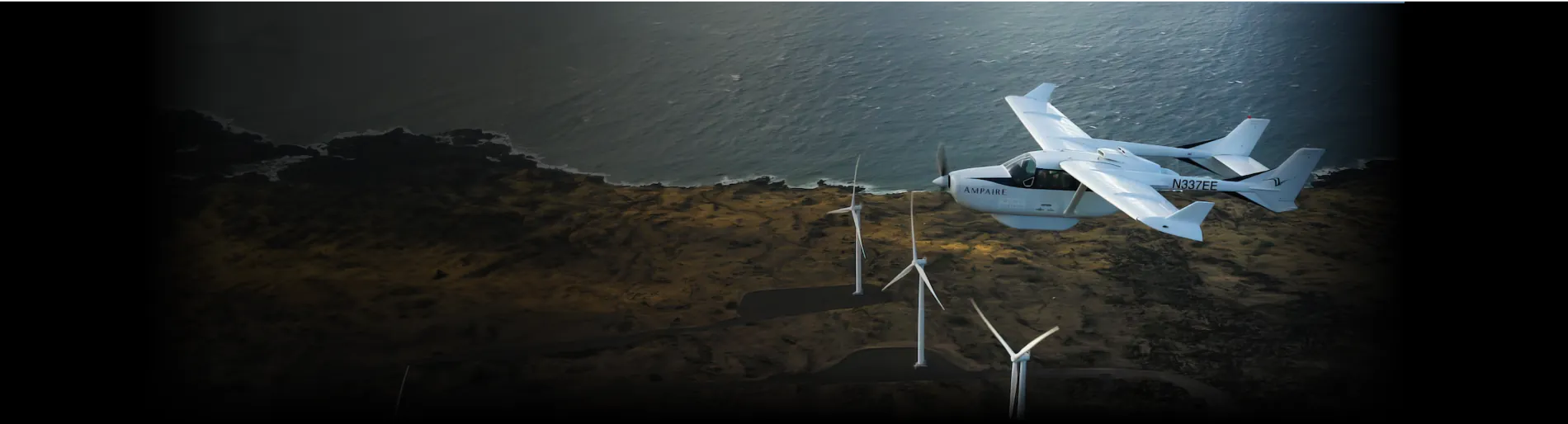 An airplane flies over a field of wind turbines. The photo is placed in a panoramic banner and extended to fill the entire banner using AI. A slight vignette is applied for visual effect.