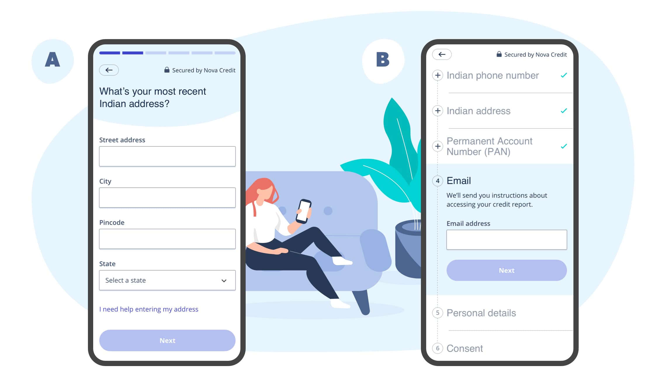 Set of mobile screens showing two variations for indicating progress, used for A/B testing