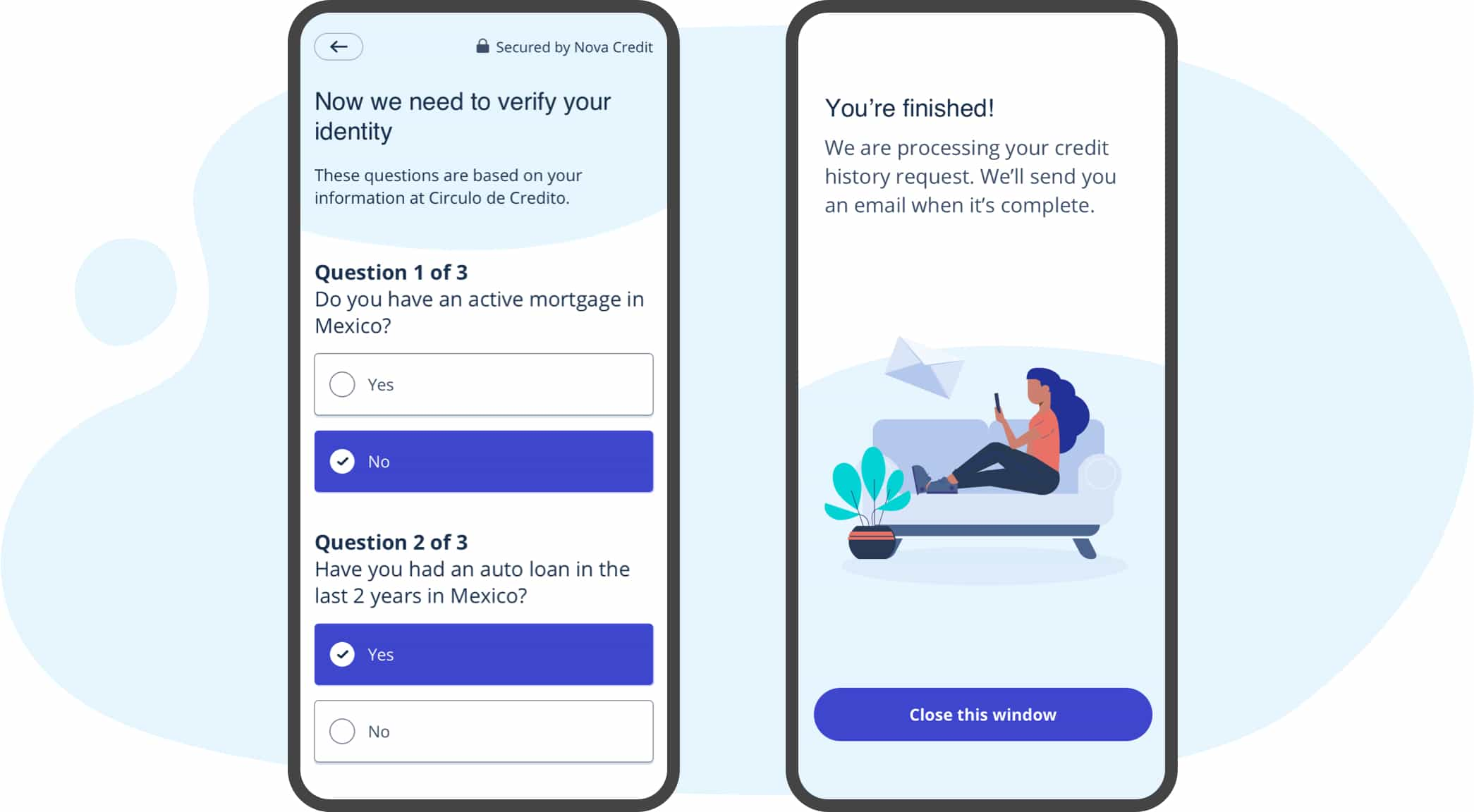 Set of screens showing the simple onboarding process that Boldium designed and prototyped for Novacredit.