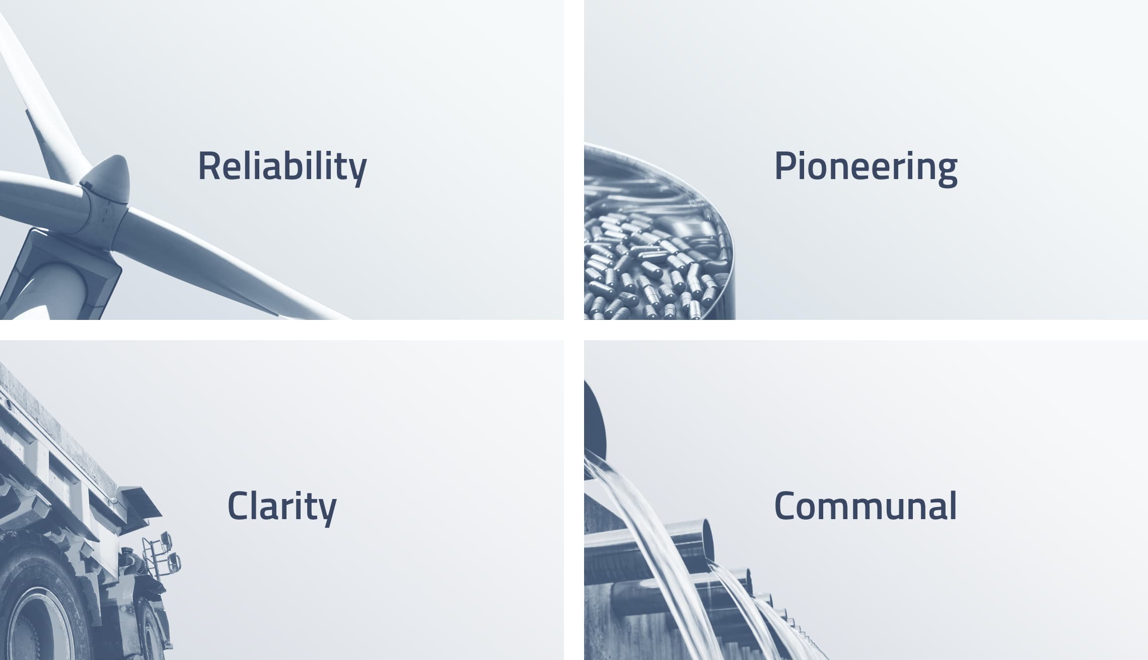 Image illustrating our brand pillars for OSIsoft - Reliability, pioneering, clarity, and communal.