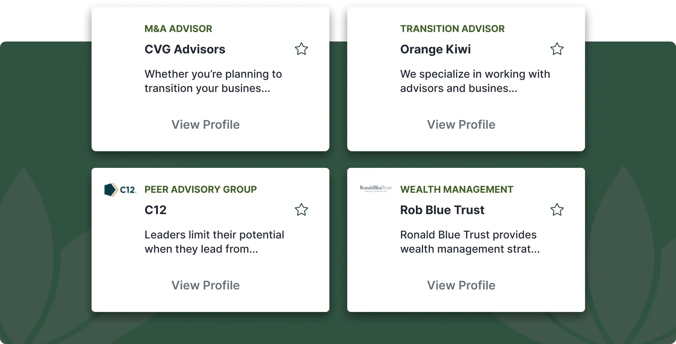 Card-style UI elements display different advisors and their specialties within Trelus, with clear buttons allowing access to full profile information