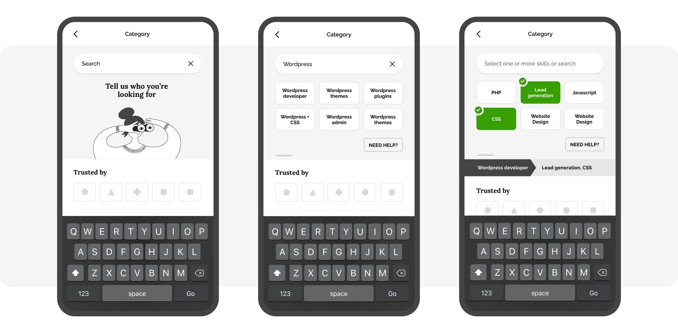 Set of mobile screenshots of the Upwork site, showing how critical elements of the UI remain visible even when the keyboard is open.