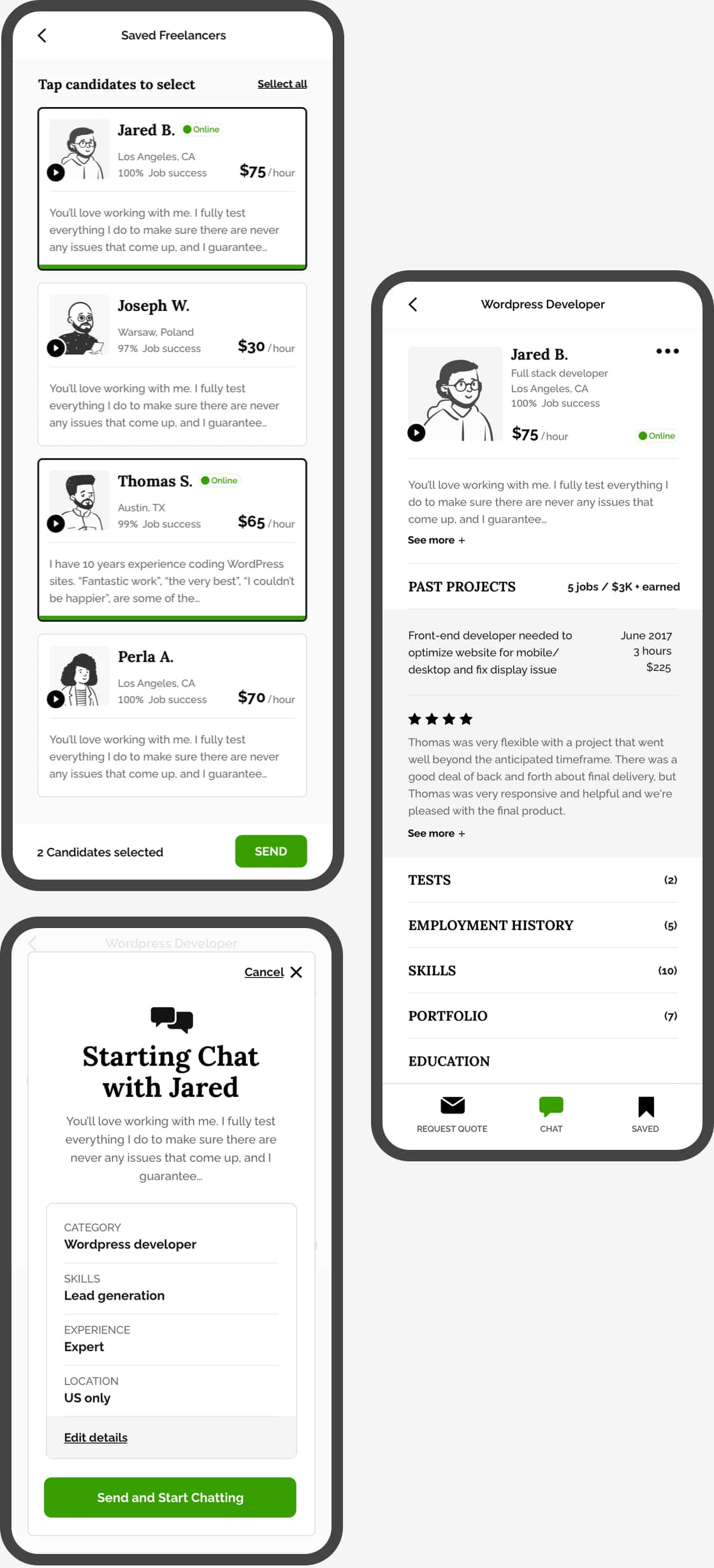 Set of mobile screenshots of Upwork, showing easy browsing and chat with potential workers.