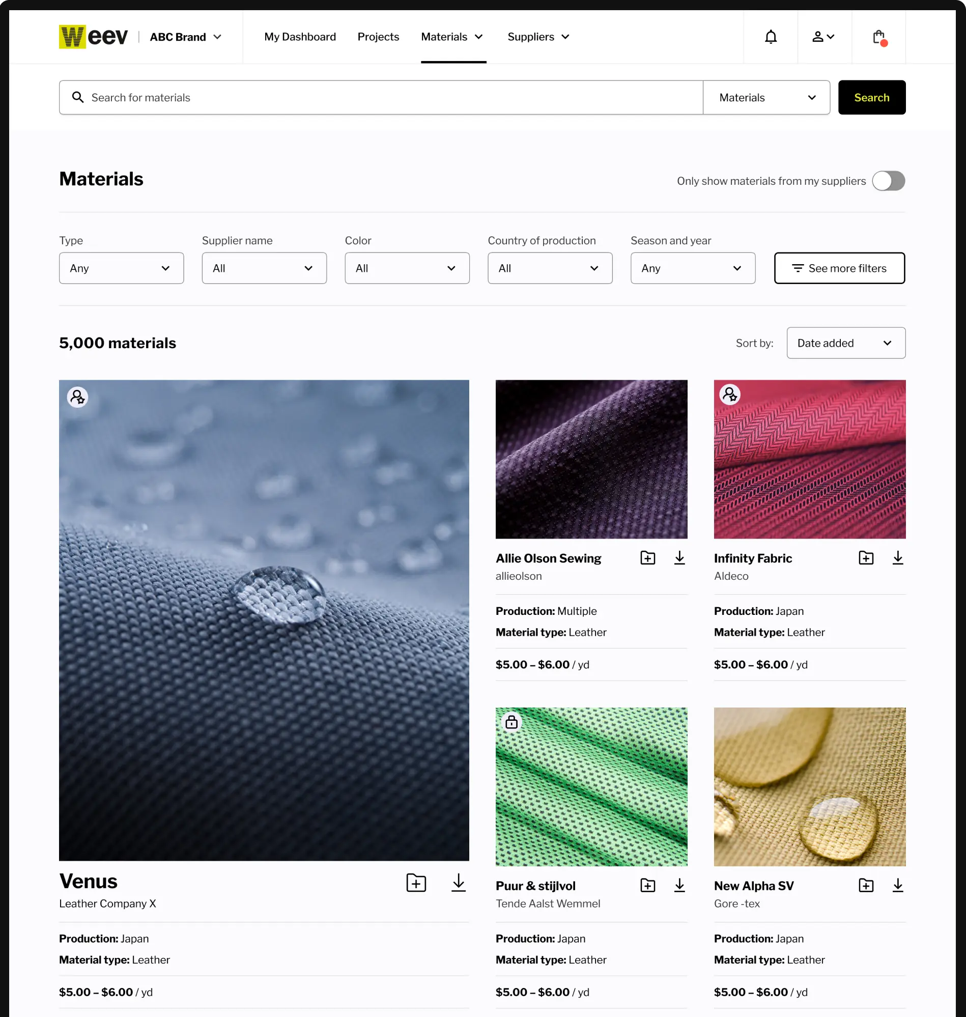 The design for Weev's "Materials" page, showing detailed information on a variety of materials in a clean, visually engaging grid
