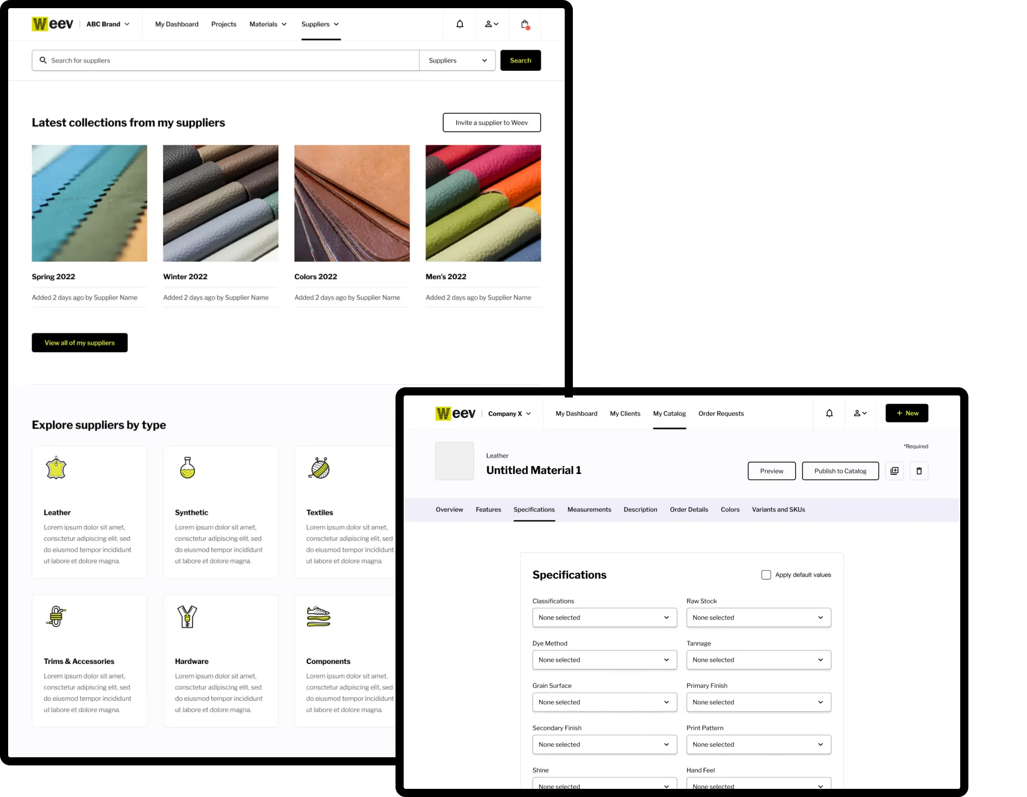 Set of screenshots showing the Weev dashboard and more detailed specifications screen for a fabric swatch.