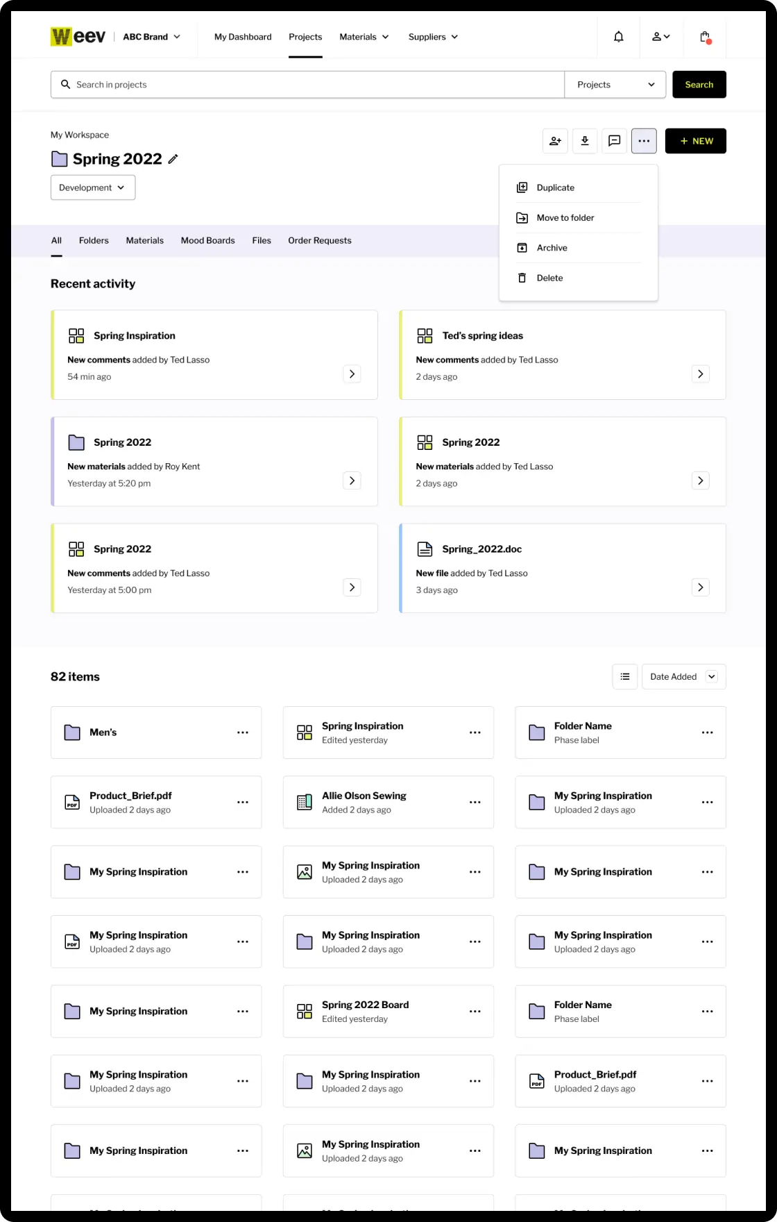 The 'Projects' view of the Weev app, showing recent activity and a folder-based navigation method